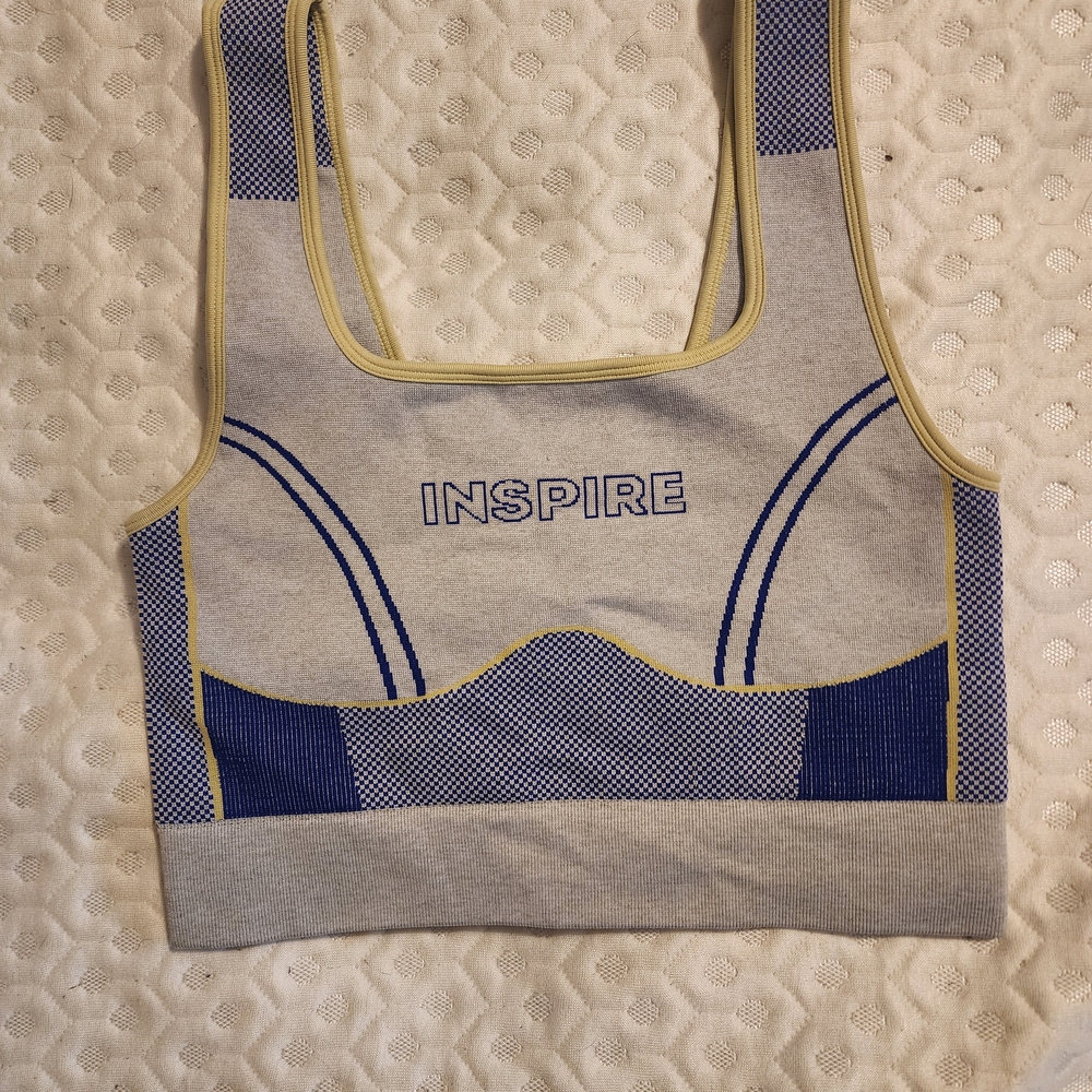 Fabletics Inspire Blue and Cream Sports Bra